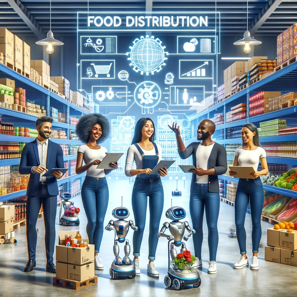 The image depicts a small business in food and beverage distribution, with a focus on technology and innovation, featuring workers in business casual attire and robots assisting them.