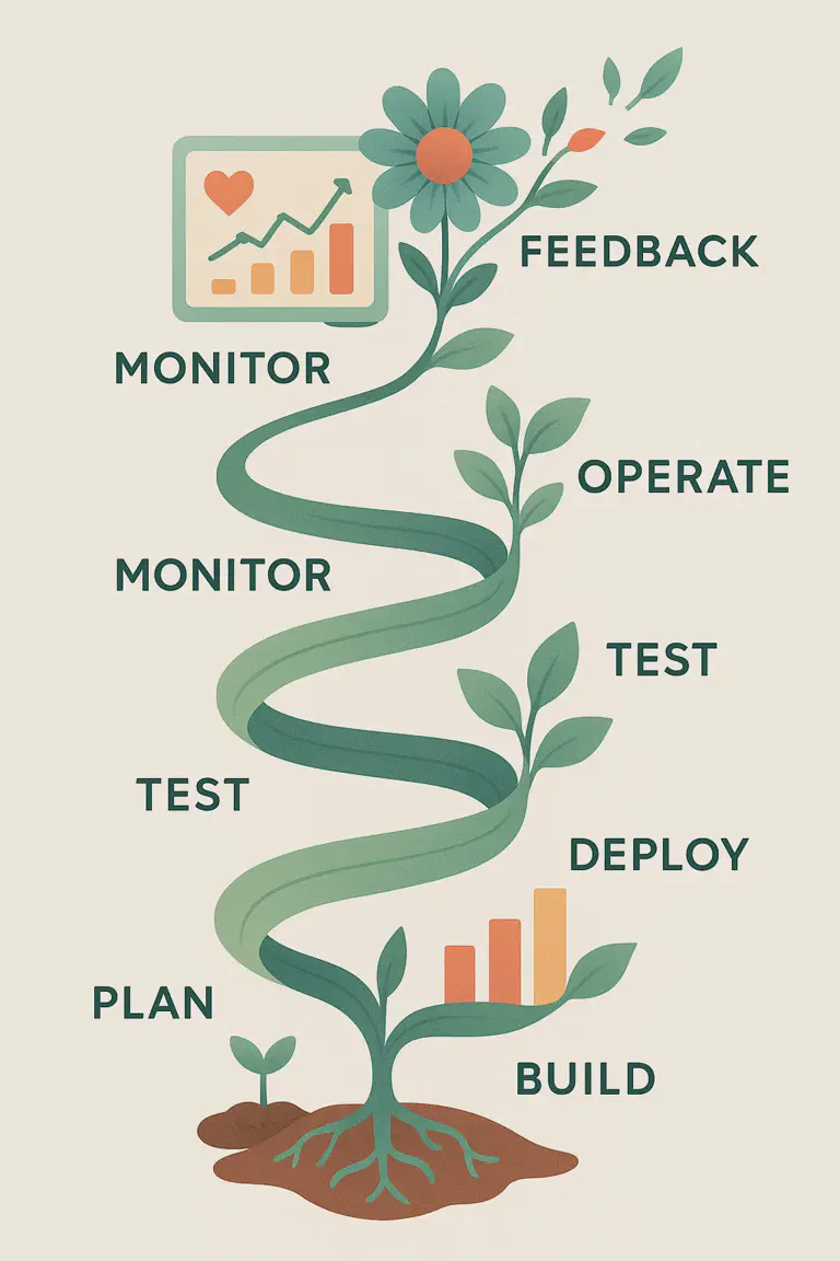 An upward-spiraling illustration of the DevOps lifecycle blending technology and nature. The stages — Plan, Build, Test, Deploy, Operate, Monitor, and Feedback — appear along a green spiral that grows like a plant from soil to flower. Each stage symbolizes growth and continuous improvement: roots represent planning and building, leaves signify operation, and a blooming flower at the top represents monitored success and feedback. Warm teals, sage greens, coral, and gold tones convey professionalism and optimism on a light background, visually uniting data analytics and altruistic growth.
