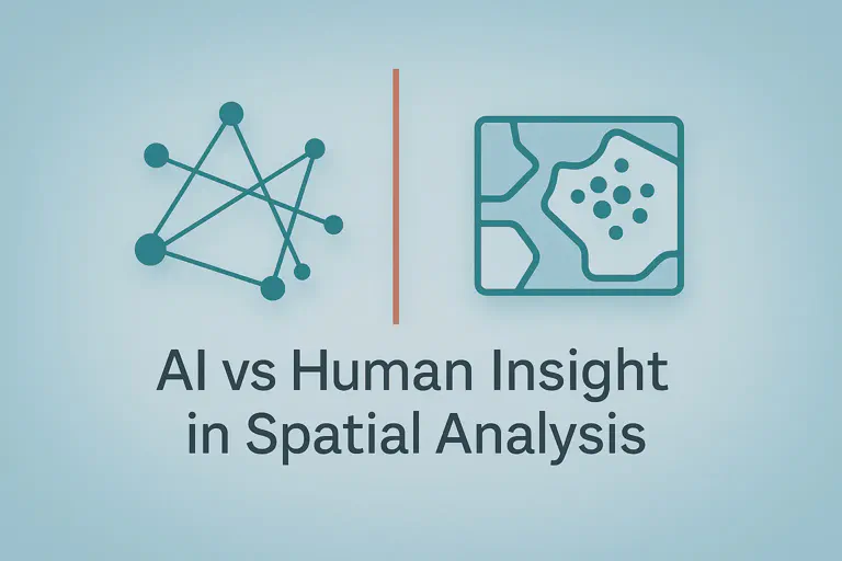 Hero graphic showing a teal network diagram symbolizing artificial intelligence on the left and a teal spatial map with clustered customer points on the right, divided by a rust accent line, set against a soft gradient teal background. The design emphasizes the contrast between AI-generated spatial analysis and human-driven geographic insight for small business decision-making.