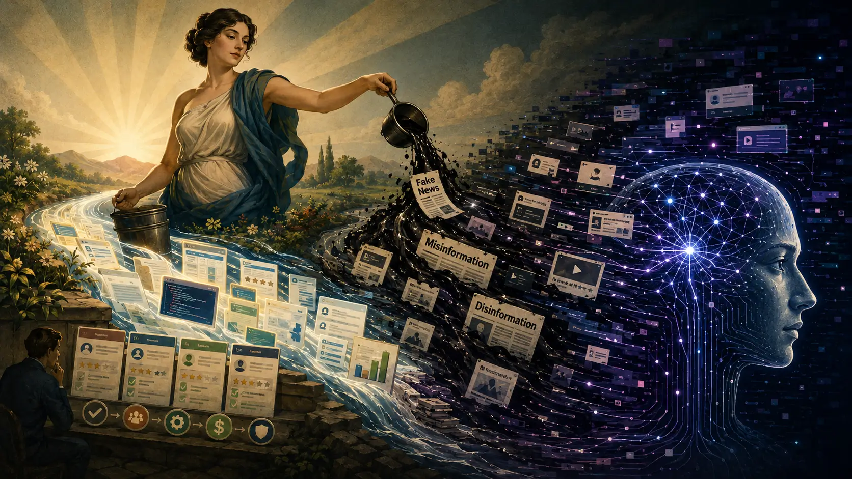 An allegorical woman pours black liquid labeled “Fake News,” “Misinformation,” and “Disinformation” into a glowing stream of documents, dashboards, reviews, and data cards. The clean information stream turns dark as it flows into a calm, fully functioning AI head, symbolizing how artificial intelligence can absorb unreliable source material without recognizing it as contaminated.
