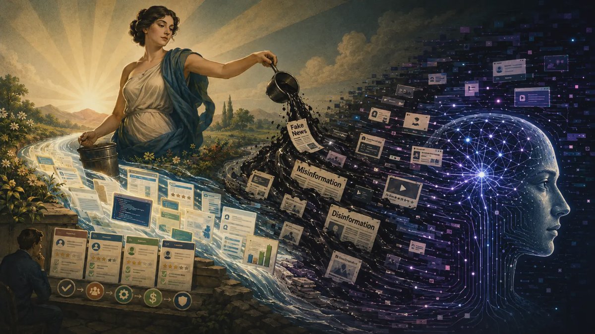 An allegorical woman pours black liquid labeled “Fake News,” “Misinformation,” and “Disinformation” into a glowing stream of documents, dashboards, reviews, and data cards. The clean information stream turns dark as it flows into a calm, fully functioning AI head, symbolizing how artificial intelligence can absorb unreliable source material without recognizing it as contaminated.