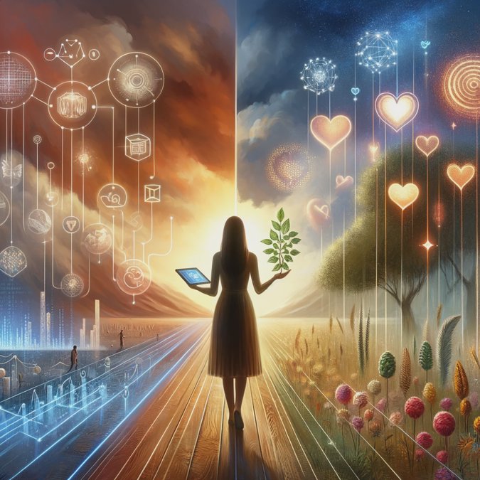 A woman stands at the intersection of a digital and natural world, holding a tablet in one hand and a green plant in the other. The left side features abstract digital icons and a cityscape, while the right side shows glowing hearts, trees, and vibrant flowers, symbolizing the balance between technology and nature.
